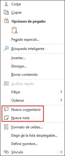 Imagen del menú contextual de Excel