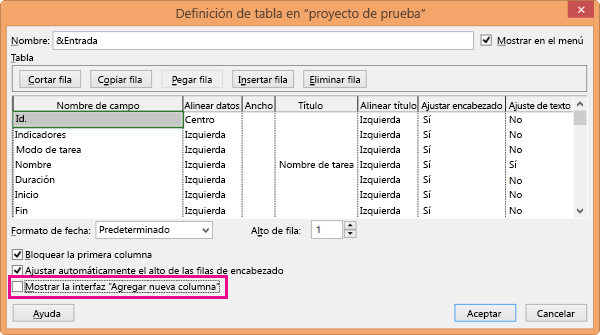 Cuadro de diálogo Definición de tabla