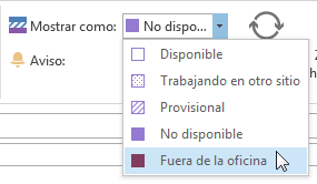 Mostrar mi estado durante esta reunión como Fuera de la oficina