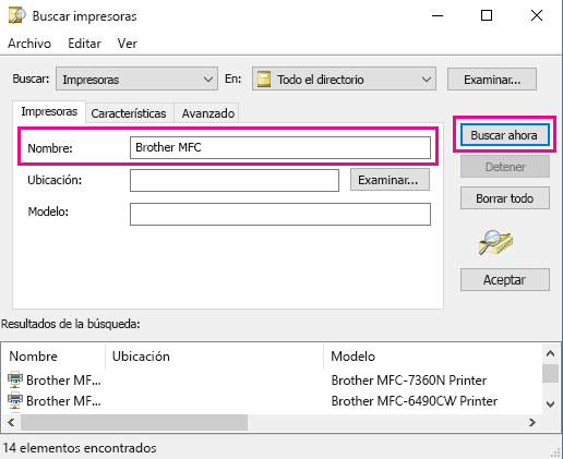 En el cuadro Nombre, escriba el nombre de la impresora o déjela en blanco si no conoce el nombre. A continuación, haga clic en Buscar ahora.