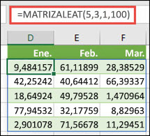 Función MATRIZALEAT con argumentos Min, Max y Decimal