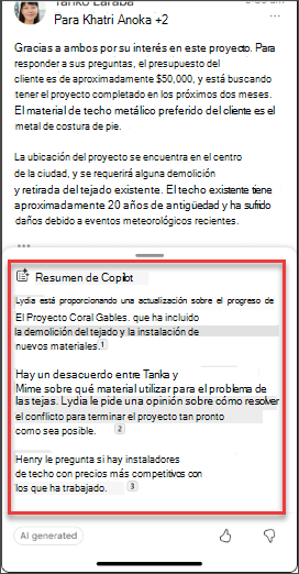 Un resumen de correo electrónico de Copilot en iOS y Android