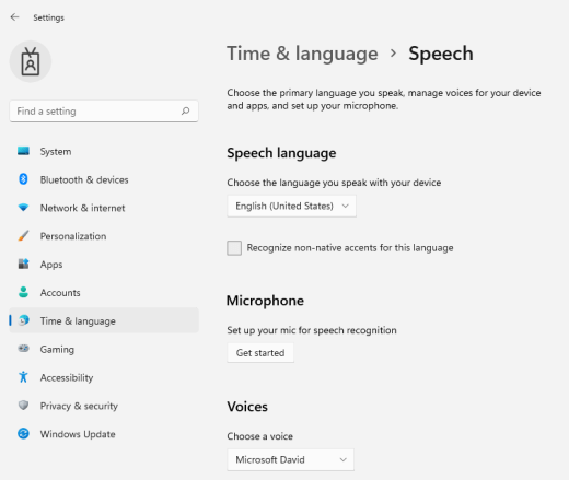 Menú de configuración de voz en Windows 11