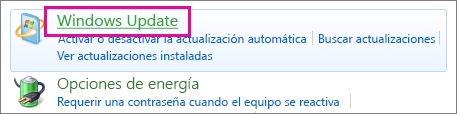 Vínculo de Windows Update del Panel de control