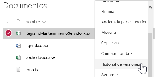 Menú contextual de la biblioteca de documentos con la opción Historial de versiones resaltada