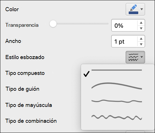 Opciones de formato de línea en Mac con el estilo Esbozado seleccionado