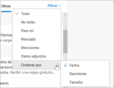 Filtrar correos electrónicos en Outlook en la Web