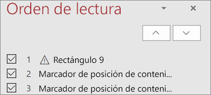 Lista de elementos en orden de lectura en una diapositiva con botones de flecha arriba y abajo para poder reorganizarlos