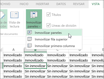 Pestaña Vista, menú Inmovilizar paneles, comando Inmovilizar paneles