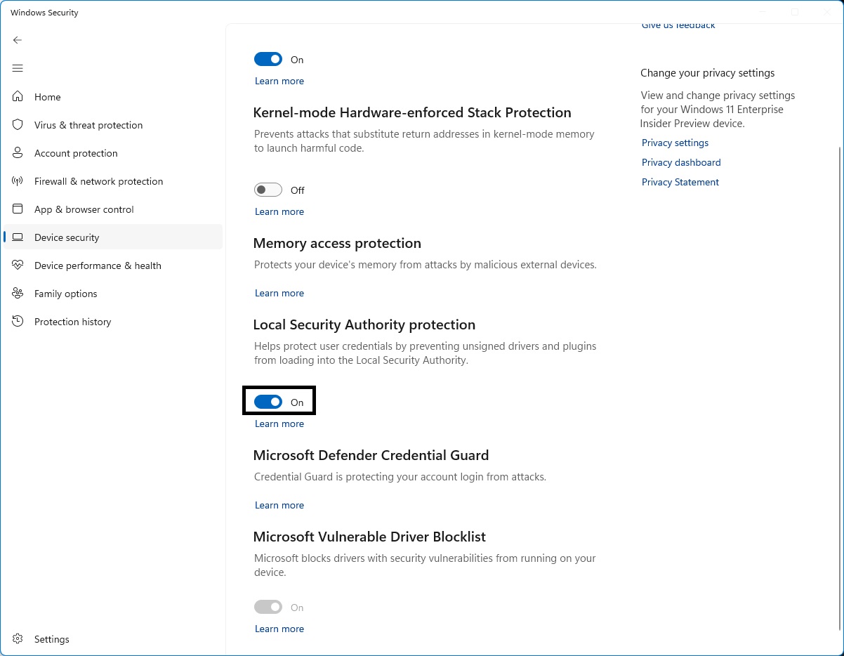 Control para la protección LSA en la página aislamiento del núcleo de la aplicación Seguridad de Windows