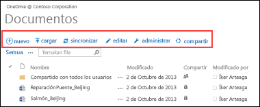 Utilice la Barra de comandos rápidos de Office 365 para iniciar actividades en OneDrive para la Empresa o en la biblioteca de documentos del sitio de grupo de SharePoint Online.