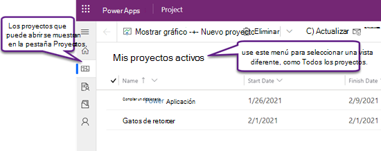 La pestaña Proyectos en Project Power App, que muestra la vista Mis proyectos activos