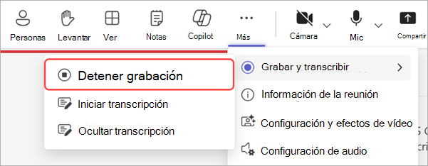 Captura de pantalla que resalta cómo detener la grabación durante una asamblea