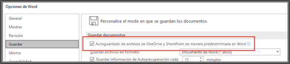 El diálogo Archivo > Opciones > Guardar en el que se muestra la casilla para habilitar o deshabilitar el Autoguardado.