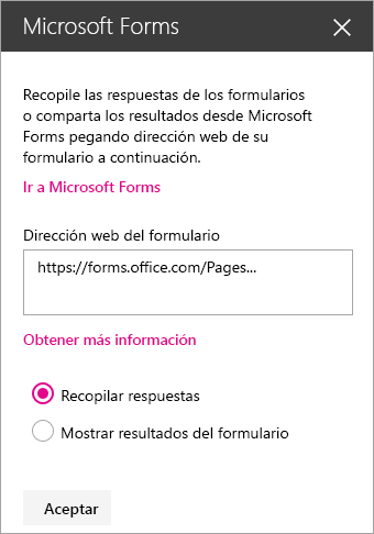 Panel del elemento web Microsoft Forms de un formulario existente.