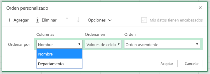 Cuadro de diálogo de orden personalizado con la ordenación por columna de fila seleccionada en la columna "Nombre"