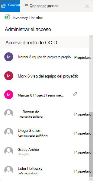 La sección Acceso directo del panel Administrar access en OneDrive para la Empresa