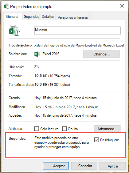 Haga clic con el botón derecho en el archivo en el Explorador de Windows para desbloquear las macros.