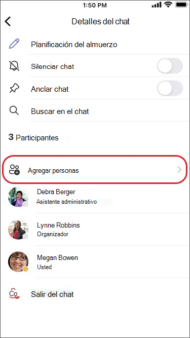 agregar personas a un chat grupal en un dispositivo móvil