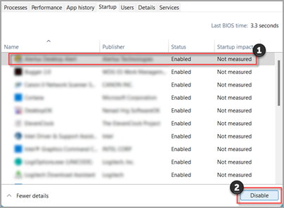 La pestaña Inicio del Administrador de tareas en Windows 11.