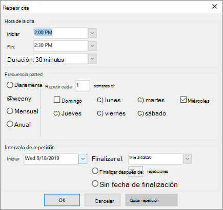 Hacer que una reunión sea periódica en Outlook