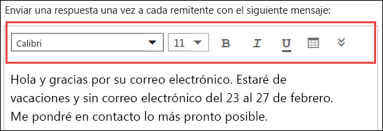 Outlook en el mensaje de respuestas automáticas web