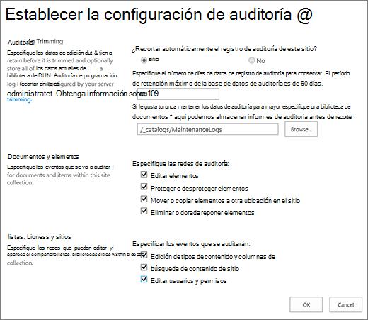 Pantalla de configuración de auditoría de colecciones de sitios