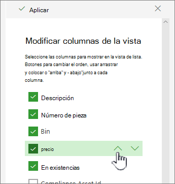 Use flechas arriba o abajo, o arrastre y coloque la posición de columna