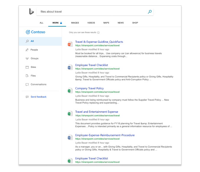 Los resultados de la búsqueda Búsqueda de Microsoft en Bing mostrar archivos dentro de una empresa.