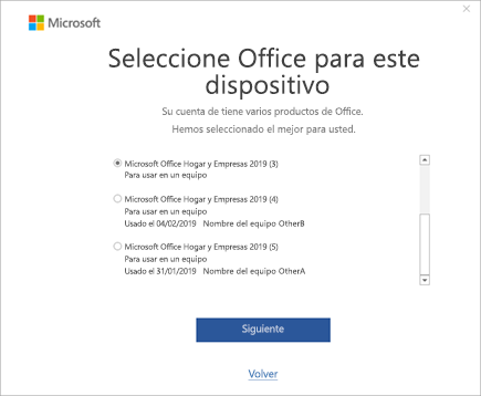 Captura de pantalla de la ventana Seleccionar Office para este dispositivo