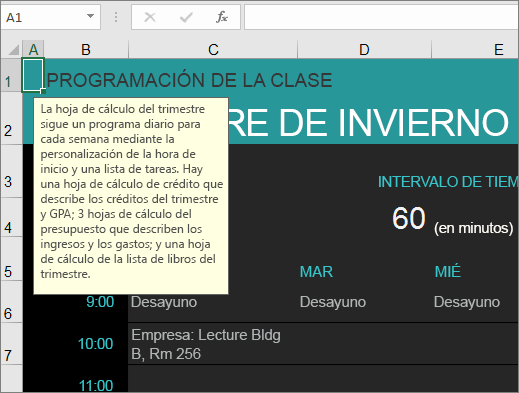 Nueva plantilla de Excel de Administrador de curso universitario con descripciones de los elementos.