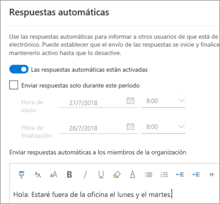 Crear una respuesta de fuera de la oficina en Outlook en la Web