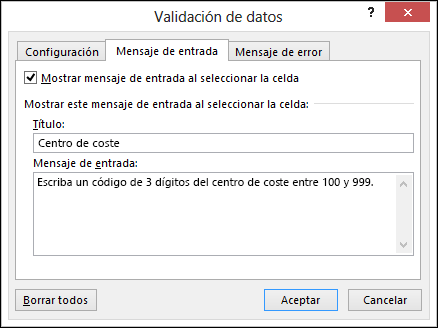 Configuración de mensaje de entrada en el cuadro de diálogo Validación de datos