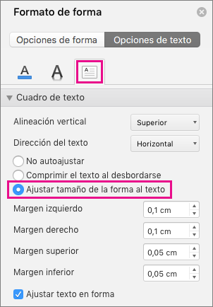 La opción Ajustar tamaño del texto a la forma se resalta en el panel Formato de forma.