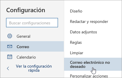 Una captura de pantalla del menú Configuración con Correo electrónico no deseado seleccionado