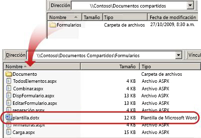 Contenido de la carpeta Formularios en una biblioteca de documentos