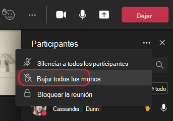 opción de menú bajar todas las manos