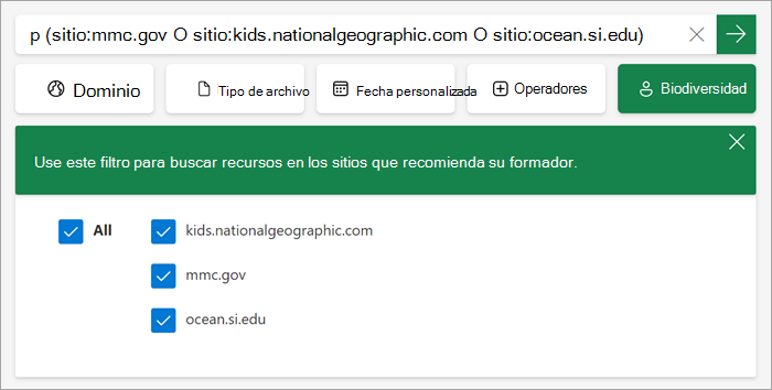 captura de pantalla de cómo se muestra el filtro personalizado a los alumnos cuando está activado