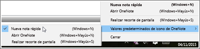 Captura de pantalla de la bandeja del sistema con opciones de OneNote.