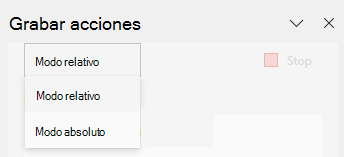 El selector de opciones de Acciones de registro que muestra opciones de "Modo relativo" y "Modo absoluto".