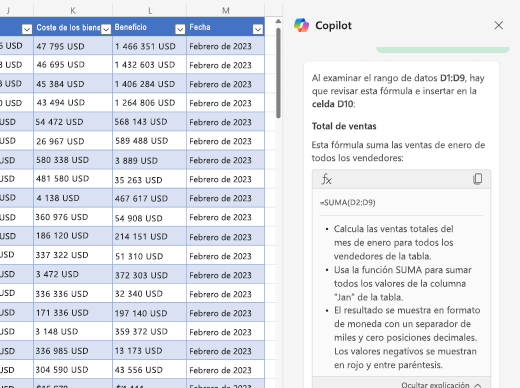 Recorte de pantalla de cómo explicar fórmulas con Copilot en Excel.