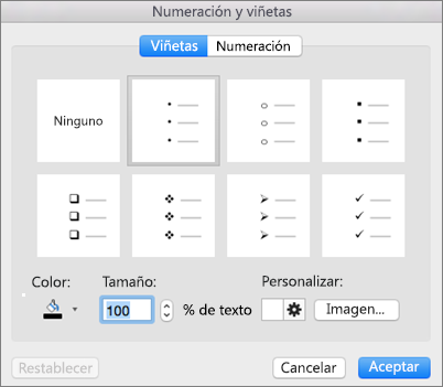 Cuadro de diálogo Numeración y viñetas de Office para Mac