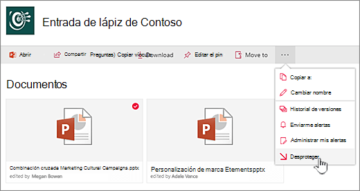 selecciona un archivo, haz clic en los puntos suspensivos de la barra superior y selecciona Des check-out