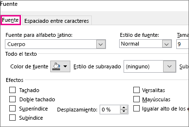 Cuadro de diálogo Fuente en Excel