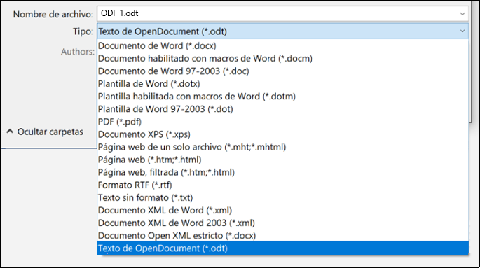 Lista de formatos de archivos en Word con formato de archivo ODT resaltado