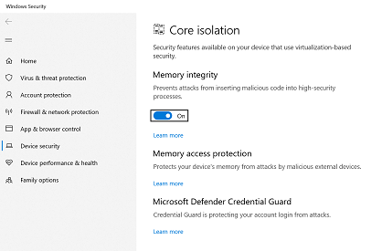 La página de aislamiento del núcleo de Seguridad de Windows