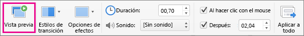 Botón de Vista previa en la pestaña Transiciones