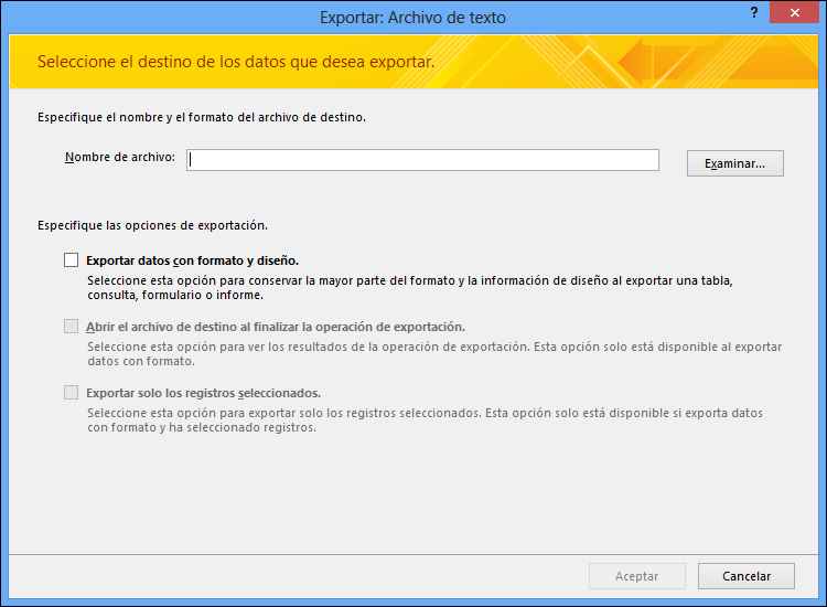 Seleccione las opciones de exportación en el cuadro de diálogo Exportar > Archivo de texto.
