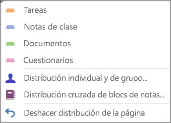 Menú desplegable Distribuir páginas con tareas, Notas de clase, Documentos, Cuestionarios, Distribución individual y de grupos, Distribución cruzada de blocs de notas y Deshacer distribución de páginas.