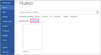 La pestaña Personal mostrará su plantilla personalizada después de hacer clic en Archivo > Nuevo